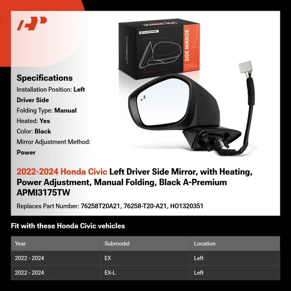 2022-2024 Honda Civic Left Driver Side Mirror, with Heating, Power Adjustment, Manual Folding, Black A-Premium APMI3175TW