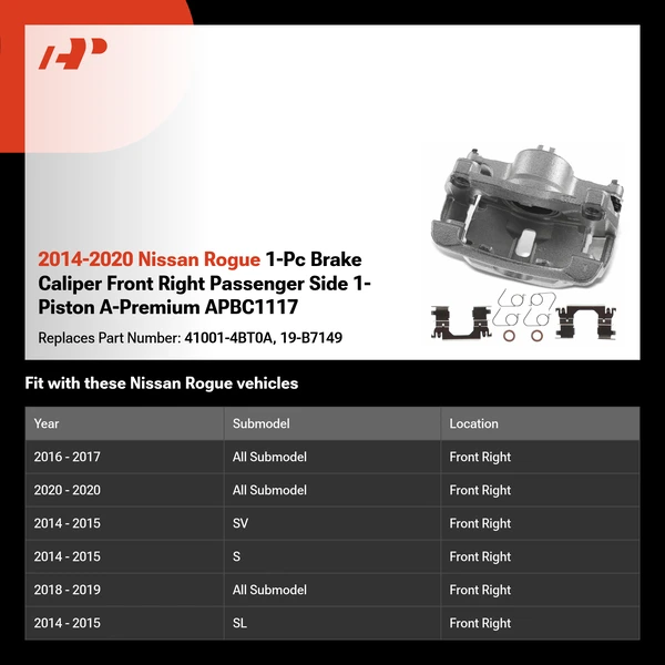 2014-2020 Nissan Rogue 1-Pc Brake Caliper Front Right Passenger Side 1-Piston A-Premium APBC1117
