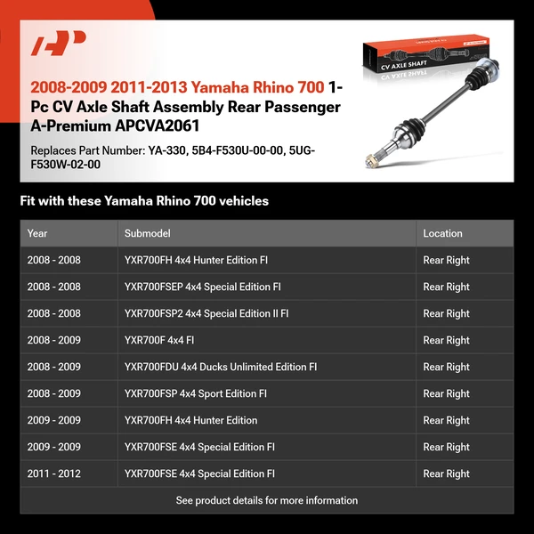 2008-2009 2011-2013 Yamaha Rhino 700 1-Pc CV Axle Shaft Assembly Rear Passenger A-Premium APCVA2061