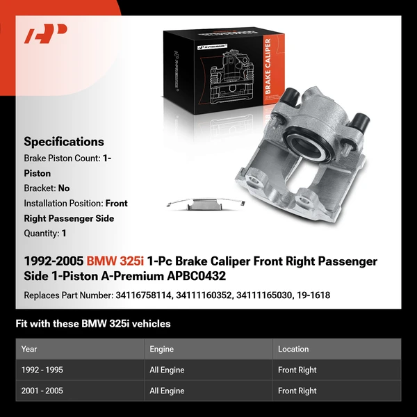 1992-2005 BMW 325i 1-Pc Brake Caliper Front Right Passenger Side 1-Piston A-Premium APBC0432