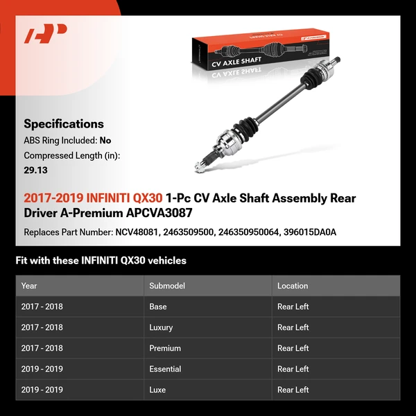 2017-2019 INFINITI QX30 1-Pc CV Axle Shaft Assembly Rear Driver A-Premium APCVA3087