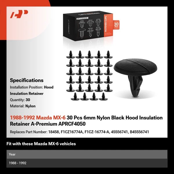 1988-1992 Mazda MX-6 30 Pcs 6mm Nylon Black Hood Insulation Retainer A-Premium APRCF4050