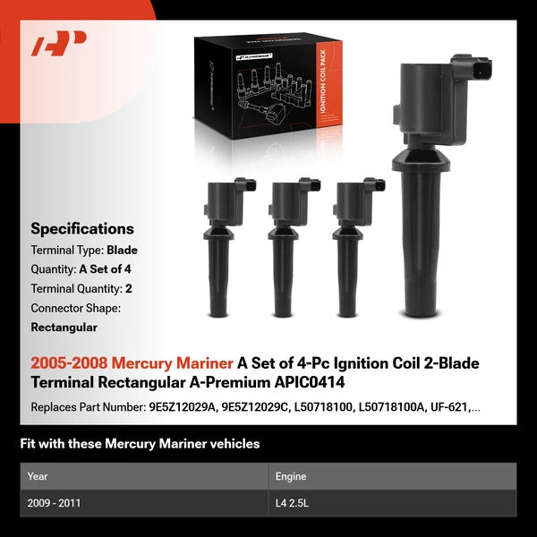 2005-2008 Mercury Mariner A Set of 4-Pc Ignition Coil 2-Blade Terminal Rectangular A-Premium APIC0414