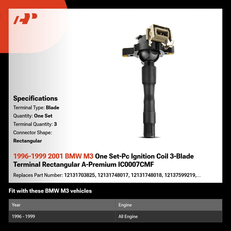 1996-1999 2001 BMW M3 One Set-Pc Ignition Coil 3-Blade Terminal Rectangular A-Premium IC0007CMF