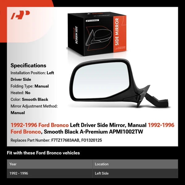 1992-1996 Ford Bronco Left Driver Side Mirror, Manual 1992-1996 Ford Bronco, Smooth Black A-Premium APMI1002TW