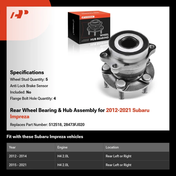 Rear Wheel Bearing & Hub Assembly for 2012-2021 Subaru Impreza