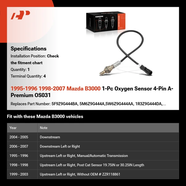 1995-1996 1998-2007 Mazda B3000 1-Pc Oxygen Sensor 4-Pin A-Premium OS031