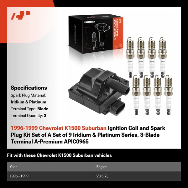 1996-1999 Chevrolet K1500 Suburban Ignition Coil and Spark Plug Kit Set of A Set of 9 Iridium & Platinum Series, 3-Blade Terminal A-Premium APIC0965