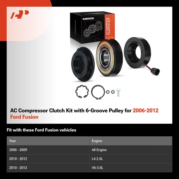 AC Compressor Clutch Kit with 6-Groove Pulley for 2006-2012 Ford Fusion