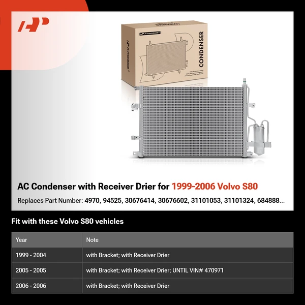 AC Condenser with Receiver Drier for 1999-2006 Volvo S80