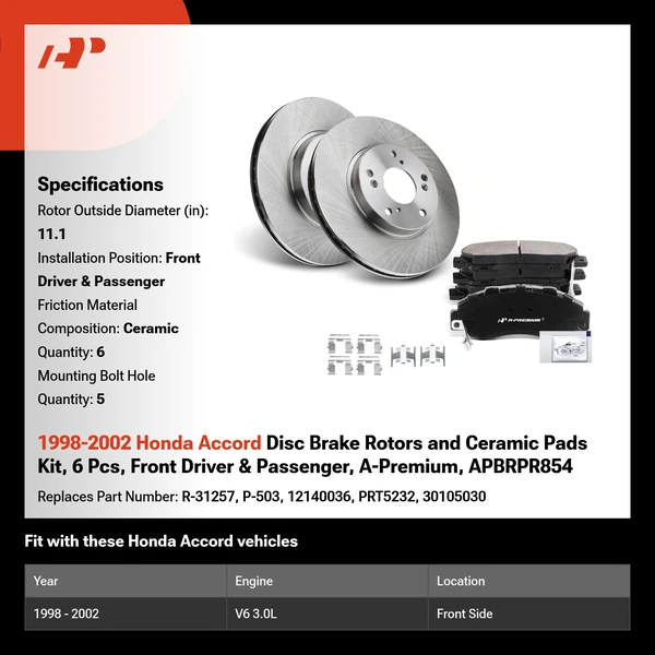 1998-2002 Honda Accord Disc Brake Rotors and Ceramic Pads Kit, 6 Pcs, Front Driver & Passenger, A-Premium, APBRPR854