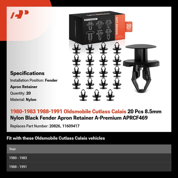 1980-1983 1988-1991 Oldsmobile Cutlass Calais 20 Pcs 8.5mm Nylon Black Fender Apron Retainer A-Premium APRCF469