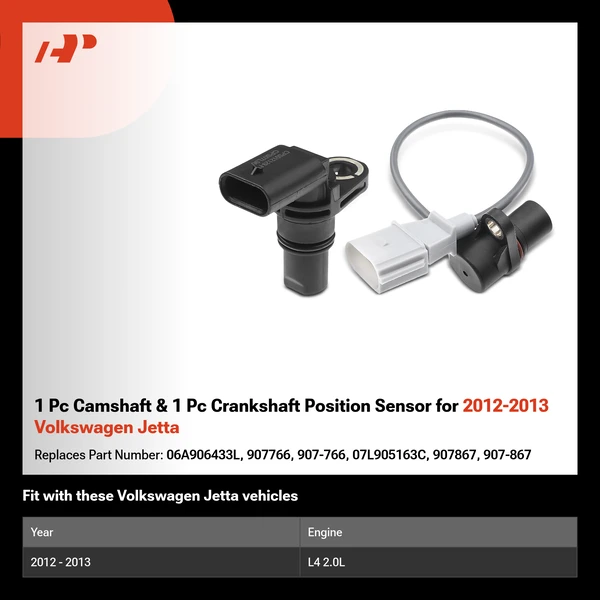 1 Pc Camshaft & 1 Pc Crankshaft Position Sensor for 2012-2013 Volkswagen Jetta