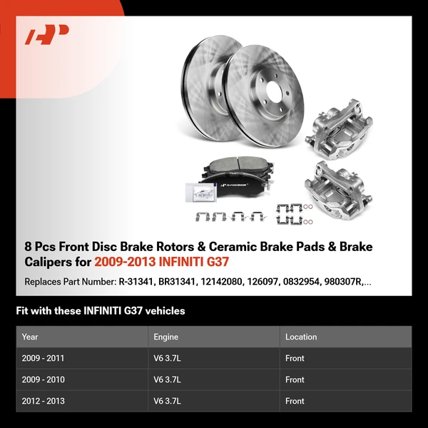 8 Pcs Front Disc Brake Rotors & Ceramic Brake Pads & Brake Calipers for 2009-2013 INFINITI G37