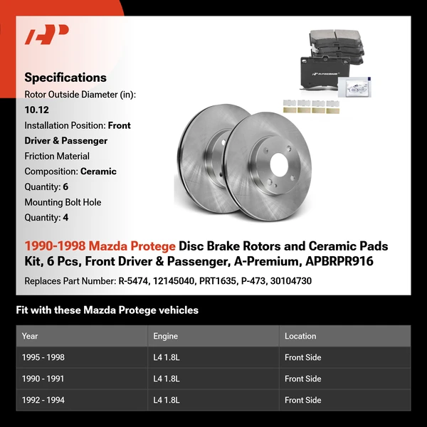 1990-1998 Mazda Protege Disc Brake Rotors and Ceramic Pads Kit, 6 Pcs, Front Driver & Passenger, A-Premium, APBRPR916