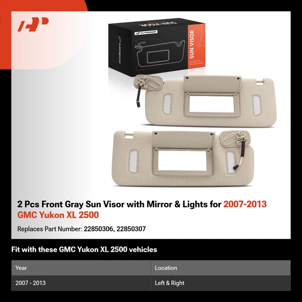 2 Pcs Front Gray Sun Visor with Mirror & Lights for 2007-2013 GMC Yukon XL 2500