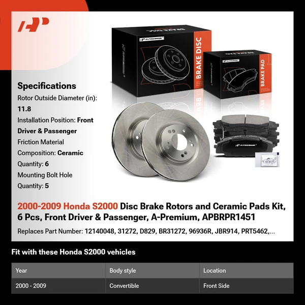 2000-2009 Honda S2000 Disc Brake Rotors and Ceramic Pads Kit, 6 Pcs, Front Driver & Passenger, A-Premium, APBRPR1451