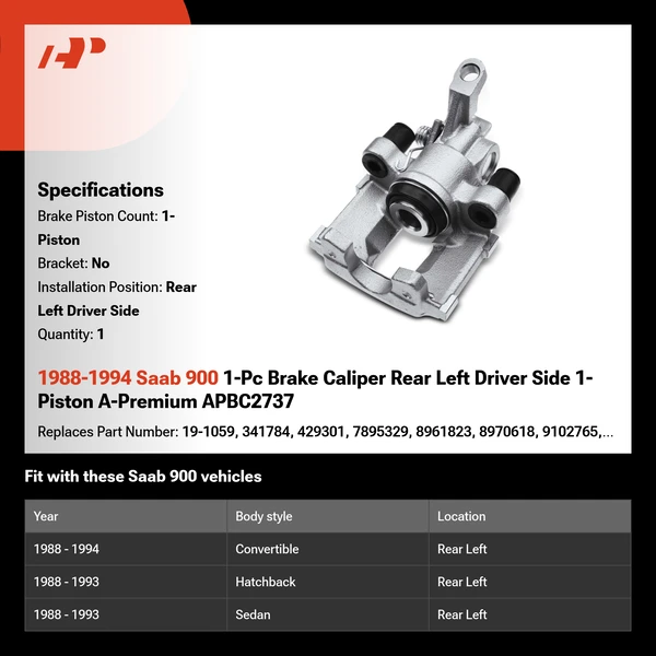 1988-1994 Saab 900 1-Pc Brake Caliper Rear Left Driver Side 1-Piston A-Premium APBC2737