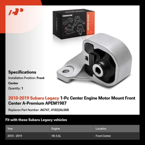 2010-2019 Subaru Legacy 1-Pc Center Engine Motor Mount Front Center A-Premium APEM1987