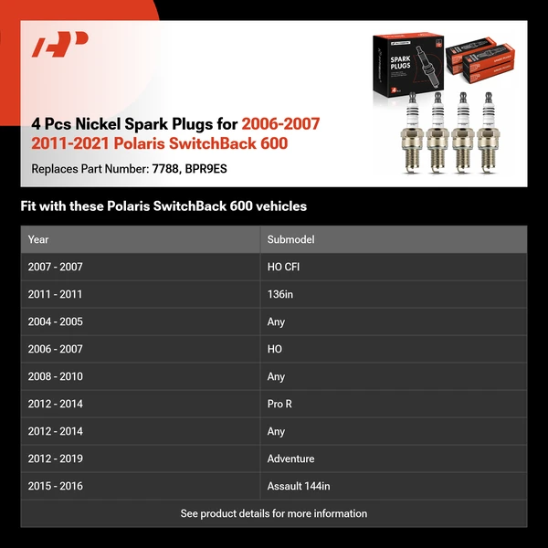 4 Pcs Nickel Spark Plugs for 2006-2007 2011-2021 Polaris SwitchBack 600