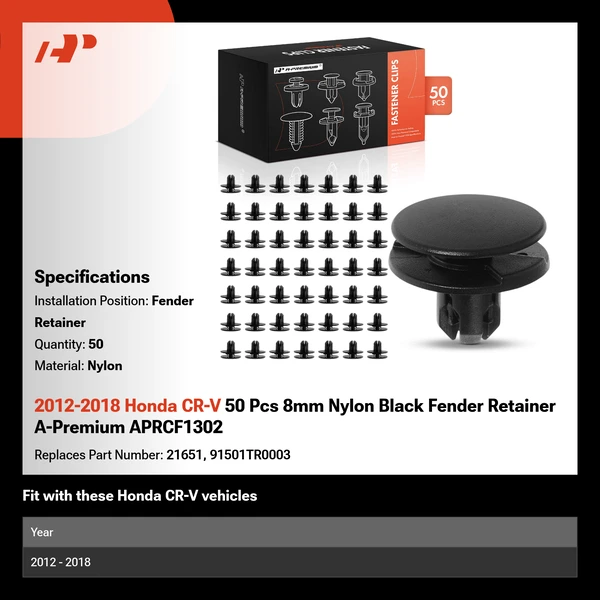2012-2018 Honda CR-V 50 Pcs 8mm Nylon Black Fender Retainer A-Premium APRCF1302