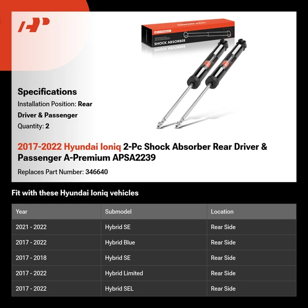 2017-2022 Hyundai Ioniq 2-Pc Shock Absorber Rear Driver & Passenger A-Premium APSA2239