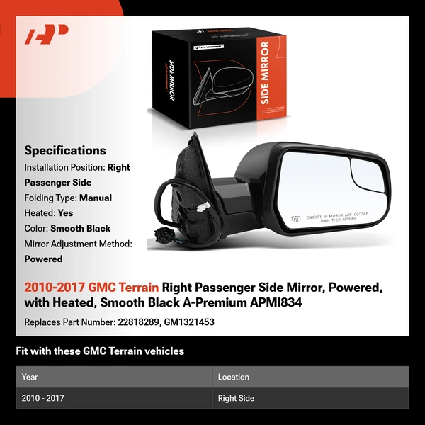 2010-2017 GMC Terrain Right Passenger Side Mirror, Powered, with Heated, Smooth Black A-Premium APMI834