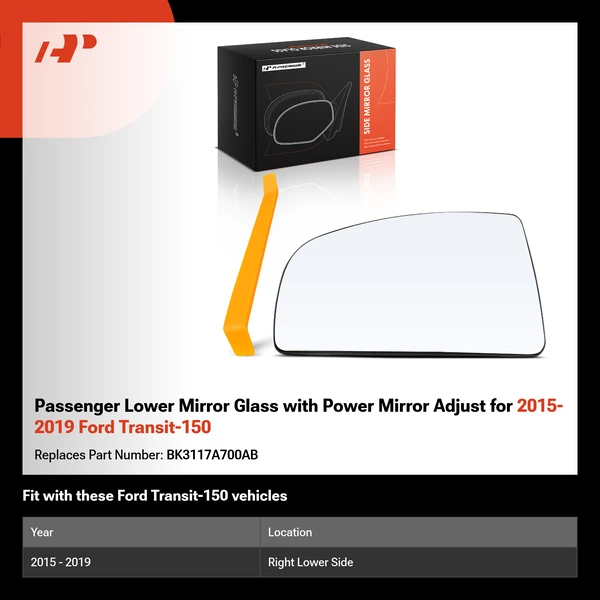 Passenger Lower Mirror Glass with Power Mirror Adjust for 2015-2019 Ford Transit-150