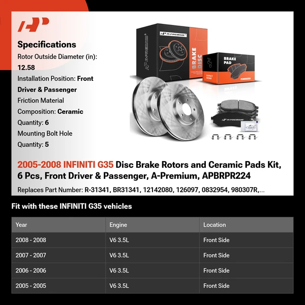 2005-2008 INFINITI G35 Disc Brake Rotors and Ceramic Pads Kit, 6 Pcs, Front Driver & Passenger, A-Premium, APBRPR224