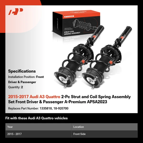 2015-2017 Audi A3 Quattro 2-Pc Strut and Coil Spring Assembly Set Front Driver & Passenger A-Premium APSA2023