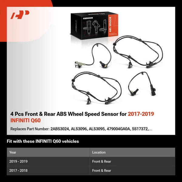 4 Pcs Front & Rear ABS Wheel Speed Sensor for 2017-2019 INFINITI Q60