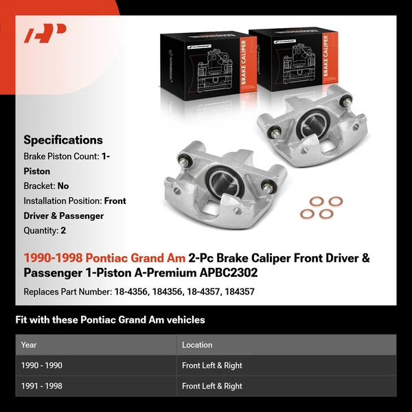 1990-1998 Pontiac Grand Am 2-Pc Brake Caliper Front Driver & Passenger 1-Piston A-Premium APBC2302