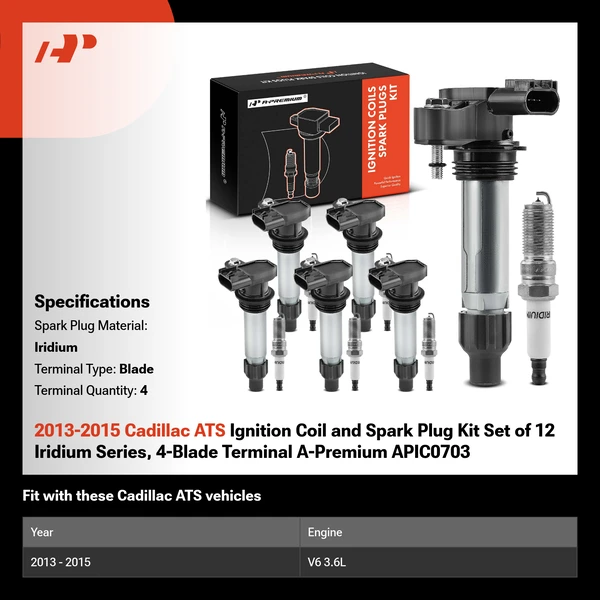 2013-2015 Cadillac ATS Ignition Coil and Spark Plug Kit Set of 12 Iridium Series, 4-Blade Terminal A-Premium APIC0703