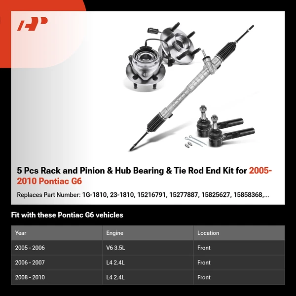 5 Pcs Rack and Pinion & Hub Bearing & Tie Rod End Kit for 2005-2010 Pontiac G6
