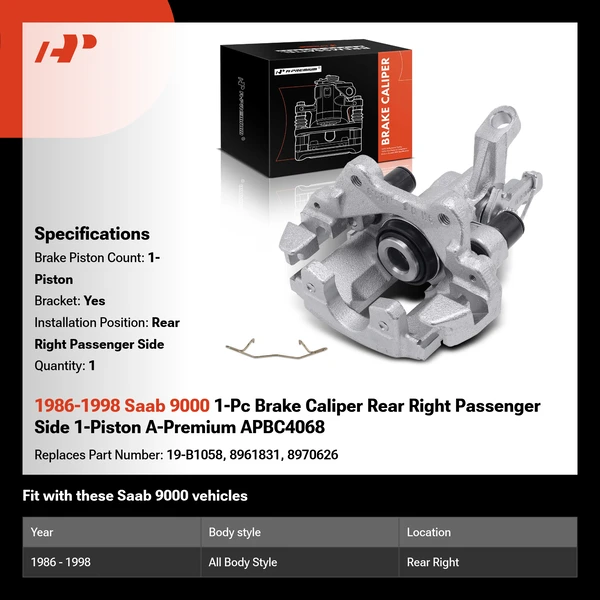 1986-1998 Saab 9000 1-Pc Brake Caliper Rear Right Passenger Side 1-Piston A-Premium APBC4068