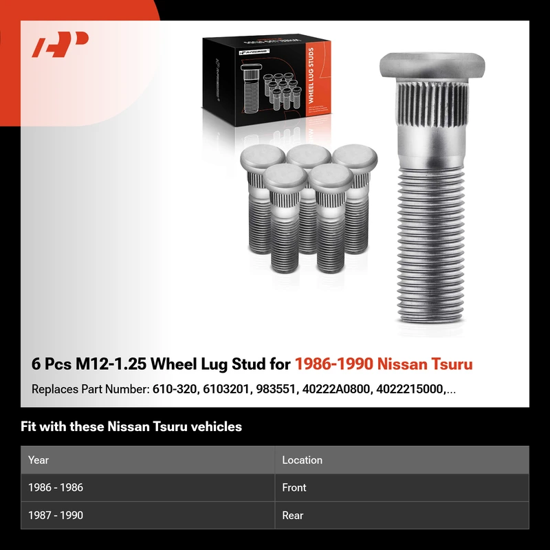 6 Pcs M12-1.25 Wheel Lug Stud for 1986-1990 Nissan Tsuru
