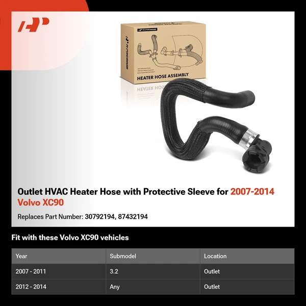 Outlet HVAC Heater Hose with Protective Sleeve for 2007-2014 Volvo XC90