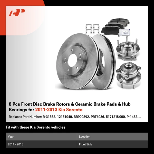 8 Pcs Front Disc Brake Rotors & Ceramic Brake Pads & Hub Bearings for 2011-2013 Kia Sorento