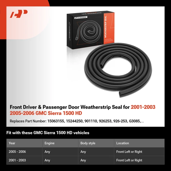 Front Driver & Passenger Door Weatherstrip Seal for 2001-2003 2005-2006 GMC Sierra 1500 HD