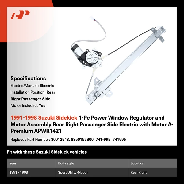 1991-1998 Suzuki Sidekick 1-Pc Power Window Regulator and Motor Assembly Rear Right Passenger Side Electric with Motor A-Premium APWR1421