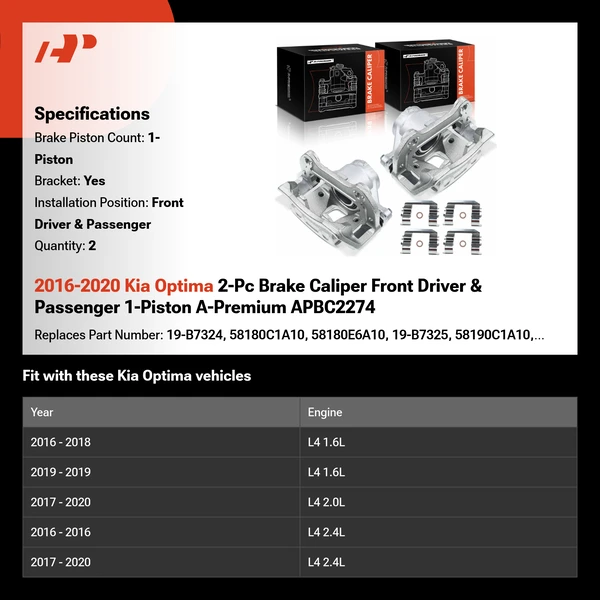 2016-2020 Kia Optima 2-Pc Brake Caliper Front Driver & Passenger 1-Piston A-Premium APBC2274