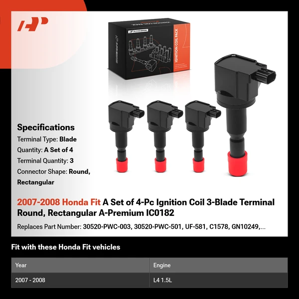 2007-2008 Honda Fit A Set of 4-Pc Ignition Coil 3-Blade Terminal Round, Rectangular A-Premium IC0182