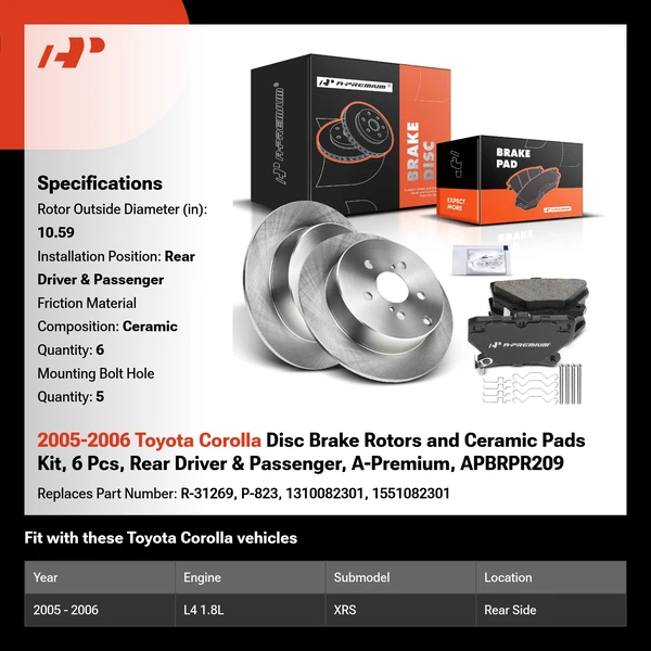 2005-2006 Toyota Corolla Disc Brake Rotors and Ceramic Pads Kit, 6 Pcs, Rear Driver & Passenger, A-Premium, APBRPR209