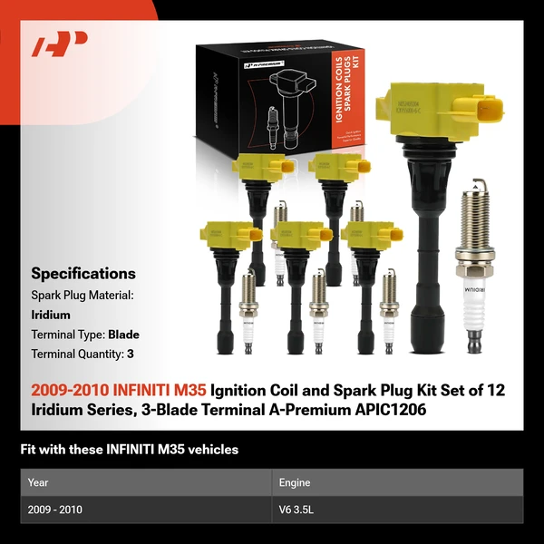 2009-2010 INFINITI M35 Ignition Coil and Spark Plug Kit Set of 12 Iridium Series, 3-Blade Terminal A-Premium APIC1206