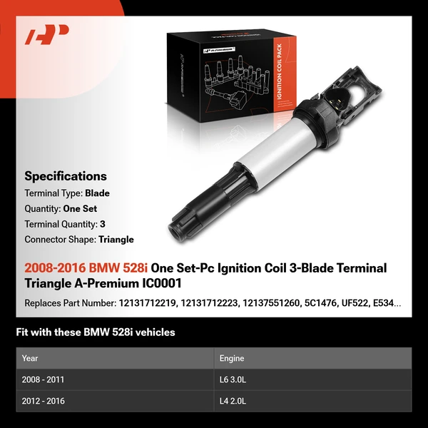 2008-2016 BMW 528i One Set-Pc Ignition Coil 3-Blade Terminal Triangle A-Premium IC0001