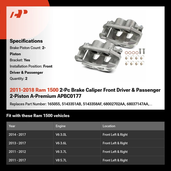 2011-2018 Ram 1500 2-Pc Brake Caliper Front Driver & Passenger 2-Piston A-Premium APBC0177