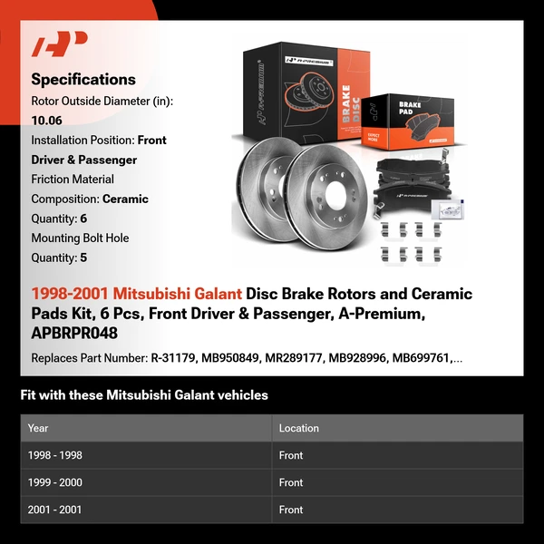 1998-2001 Mitsubishi Galant Disc Brake Rotors and Ceramic Pads Kit, 6 Pcs, Front Driver & Passenger, A-Premium, APBRPR048