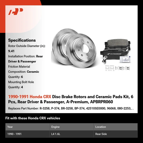 1990-1991 Honda CRX Disc Brake Rotors and Ceramic Pads Kit, 6 Pcs, Rear Driver & Passenger, A-Premium, APBRPR060