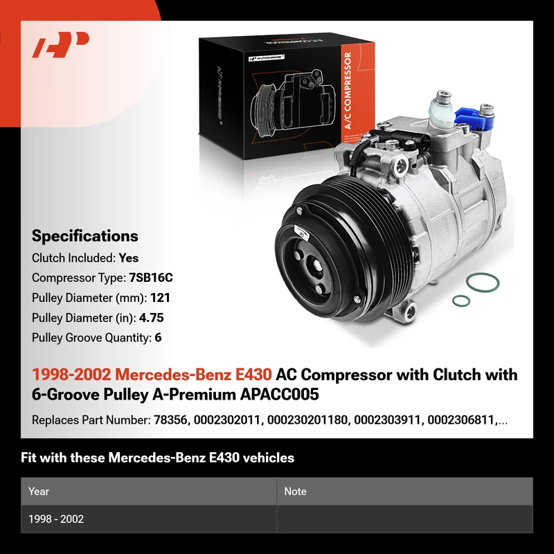 1998-2002 Mercedes-Benz E430 AC Compressor with Clutch with 6-Groove Pulley A-Premium APACC005