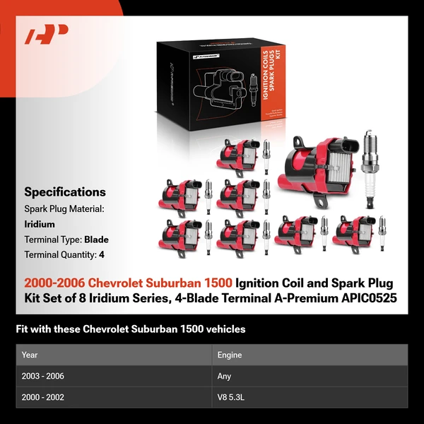 2000-2006 Chevrolet Suburban 1500 Ignition Coil and Spark Plug Kit Set of 8 Iridium Series, 4-Blade Terminal A-Premium APIC0525
